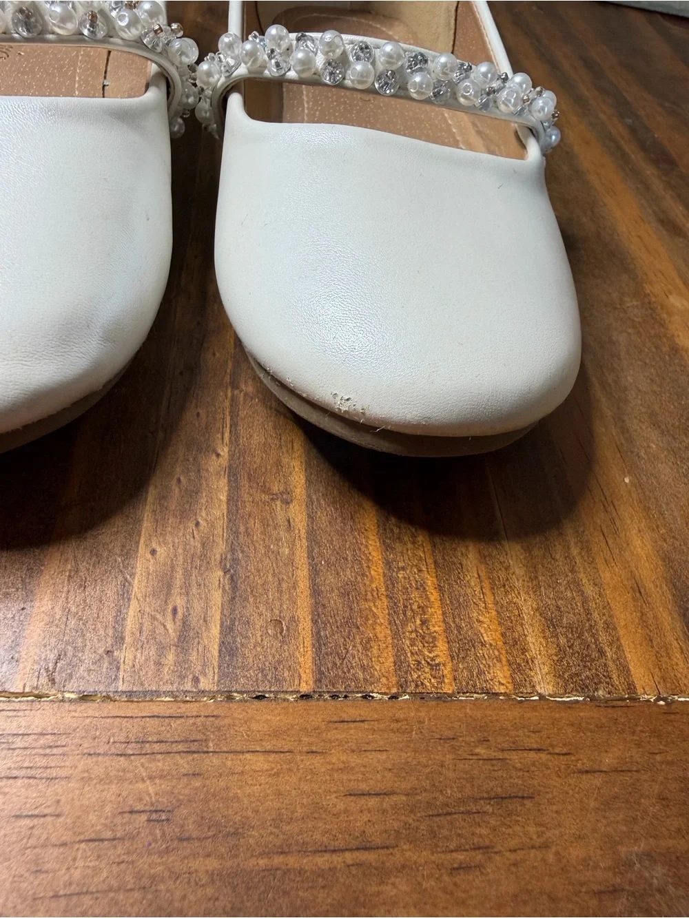 Pearl-Embellished White Mary Jane Flats